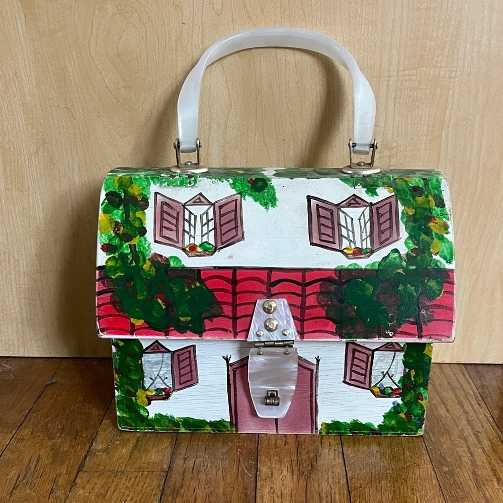 RARE Vintage Hand-Painted Wood Satchel Purse Handbag with House Design